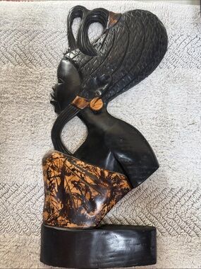 Hand-Carved Black and Brown African Bust Sculpture - Women Accessories Accent